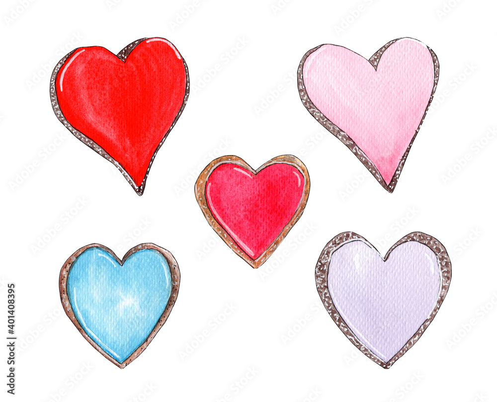 Hand painted watercolor heart cookies isolated on white background.