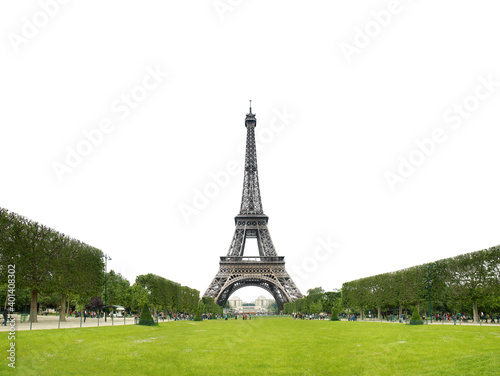 Eiffel Tower in Paris isolated on white background for text writing and design.