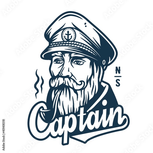 Marine sailor captain with smoking pipe. Nautical wanderlust sea adventure illustration of skipper