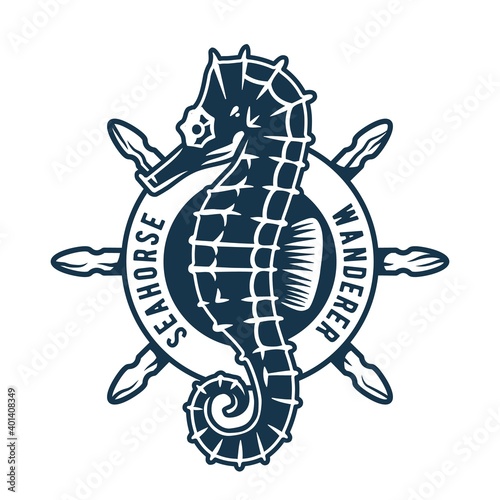 Marine seahorse and helm wheel logo. Nautical wanderlust and adventure illustration. Ocean explorer