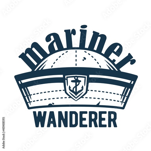 Marine sailor cap or seaman hat. Nautical wanderlust and adventure illustration. Ocean explorer emblem