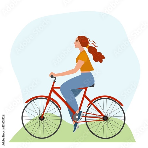 Funny smiling girl, dressed in stylish clothes, riding a Bicycle . Cute happy young woman on a Bicycle. Charming female cyclist. Flat cartoon colorful vector illustration