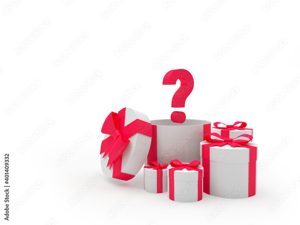 Heap of white gift boxes with red question mark isolated on white. 3d