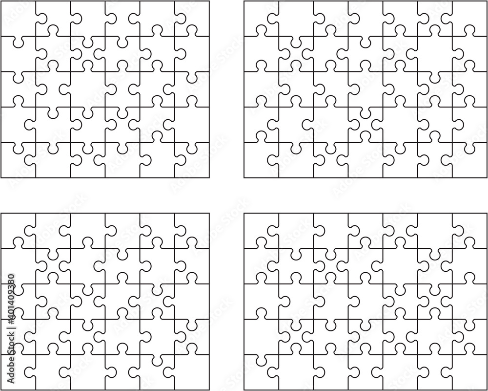 Illustration of four different white puzzles, separate pieces Illustration of four different white puzzles, separate pieces