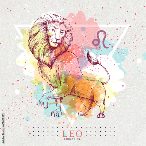 Modern magic witchcraft card with astrology Leo zodiac sign on artistic watercolor background. Realistic hand drawing lion