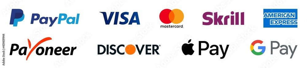 Paypal, payoneer, visa, discover, mastercard, skrill, apple pay, google ...