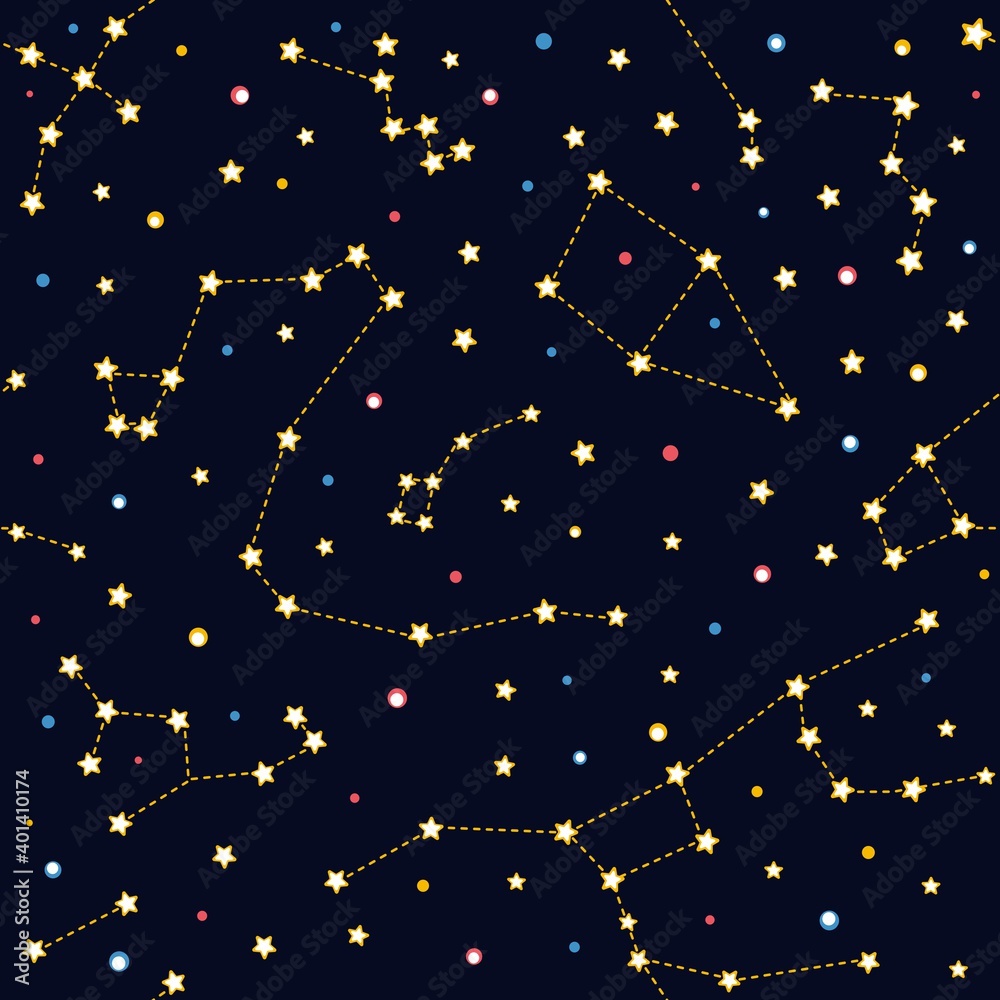 Blue seamless background with colored constellations. Star pattern and signs of the zodiac.