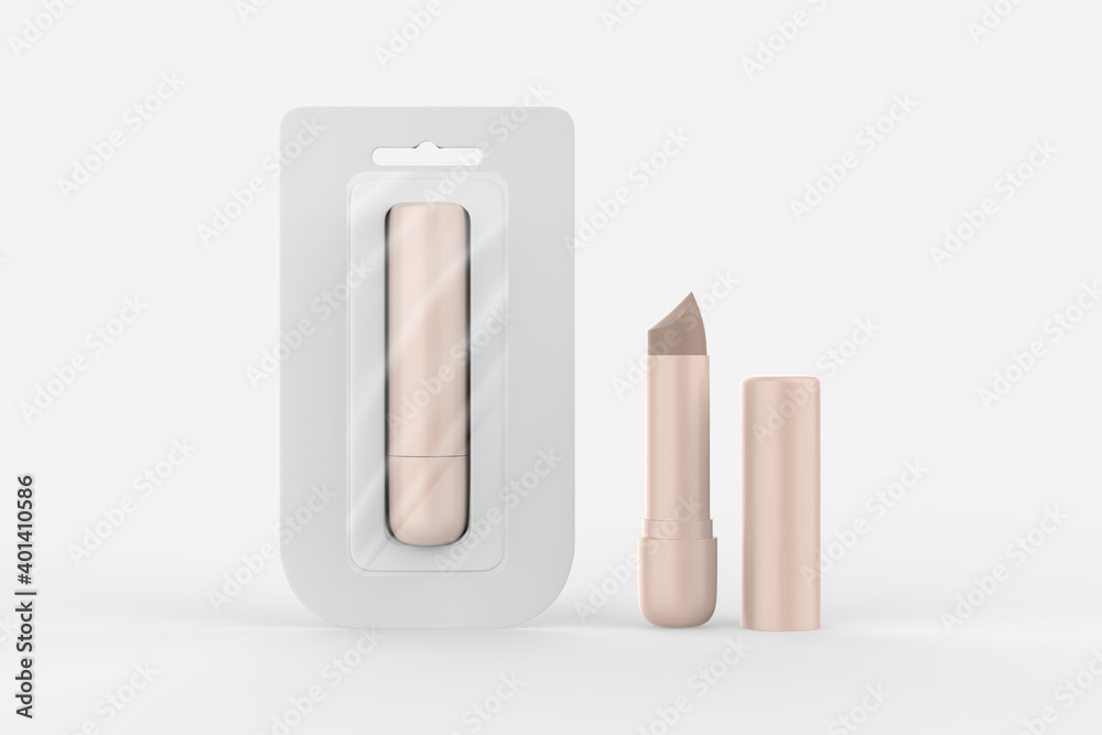 glossy closed and opened lip balm stick realistic hygienic lipstick with cardboard pack set. 3d illustration glossy closed and opened lip balm stick realistic hygienic lipstick with cardboard pack set. 3d illustration