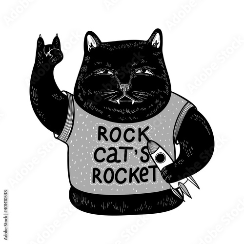 Vector black cat with rocket. Funny cat rocker loves music and cosmos. Cute flat cartoon character for print, postcard, card, poster