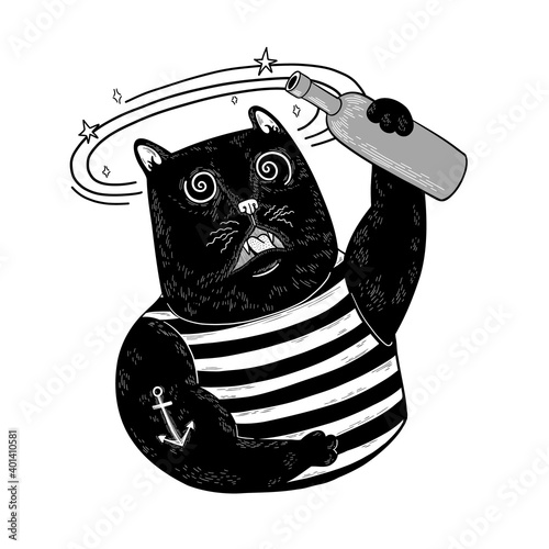 Dizzy black cat with a bottle of alcohol and vertigo. Cat sailor in a vest and with an anchor. Vector flat illustration.