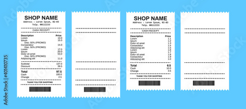 Receipt Set with Barcode Closeup Isolated on White Background. Design Template of Receipt Records, Paper Financial Check for Mockup. Top View
