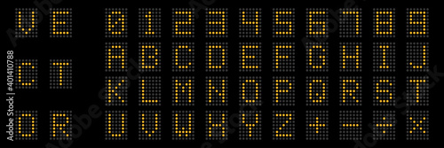Digital scoreboard. Digital numbers and alphabet. Electronic display board. Orange alphabet on black background. Isolated text in vector. Digital font. Vector illustration. EPS 10.