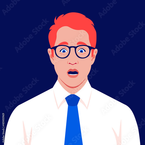 A redhead businessman feels stress. Fear, horror. A frightened man's face. Vector flat illustration