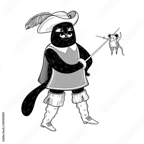 Black Cat fights with a mouse with swords. Musketeers in suits. Funny cartoon characters