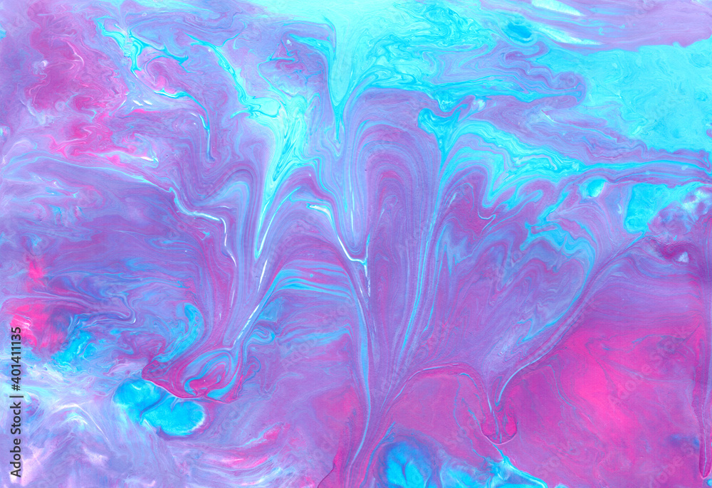 Abstract fluid art background. Blue, purple, pink, violet and white colors mix together. Beautiful creative print. Abstract art hand paint. Original artwork. Color splashing on paper. Cosmic texture. 