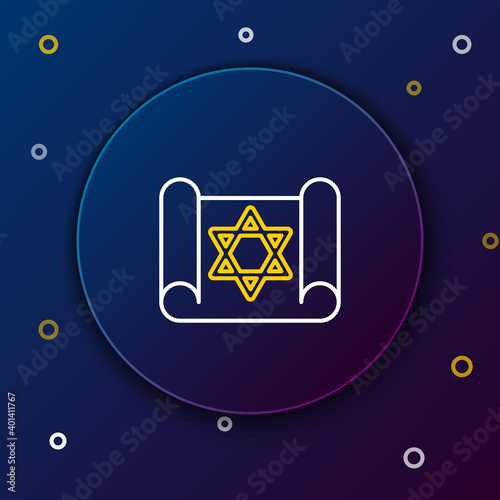 Line Torah scroll icon isolated on blue background. Jewish Torah in expanded form. Star of David symbol. Old parchment scroll. Colorful outline concept. Vector.