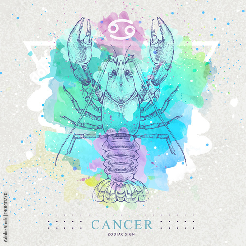 Modern magic witchcraft card with astrology Cancer zodiac sign on artistic watercolor background. Realistic hand drawing lobster illustration.