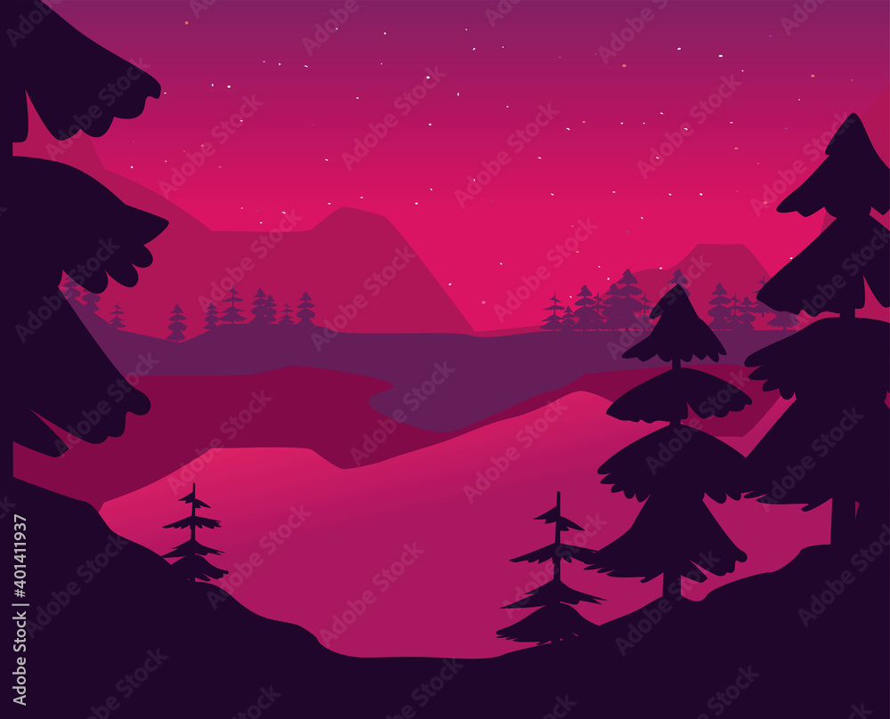Landscape of river and pine trees at night vector design