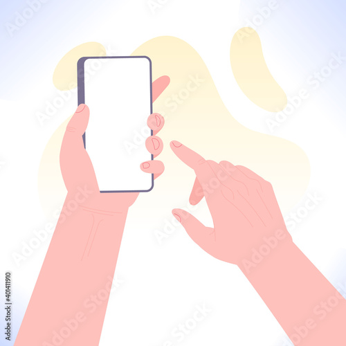 Hand holding phone and pointing on blank screen mock up, vector illustration