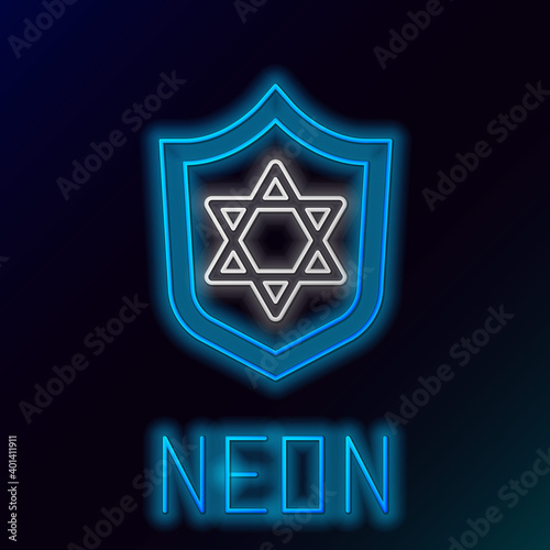 Glowing neon line Shield with Star of David icon isolated on black background. Jewish religion symbol. Symbol of Israel. Colorful outline concept. Vector.