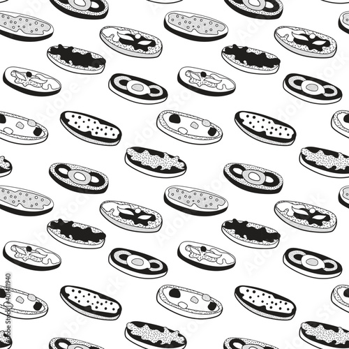 Doodle cartoon black and white hipster style seamless pattern vector . A set of bruschetta tapas canape appetizers. Bar restaurant menu ads, card, farmers market decor, website design