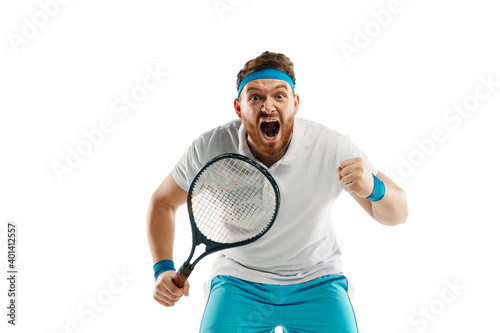 Fototapeta Naklejka Na Ścianę i Meble -  Winner. Highly tensioned game. Funny emotions of professional tennis player isolated on white studio background. Excitement in game, human emotions, facial expression and passion with sport concept.