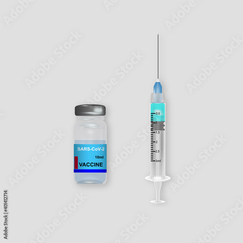 Covid-19 concept. Vaccine and syringe. Covid-19 pandemic outbreak and quarantine. Isolated realistic icon. Vector illustration.