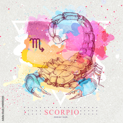 Fotografia Modern magic witchcraft card with astrology Scorpio zodiac sign on artistic watercolor background