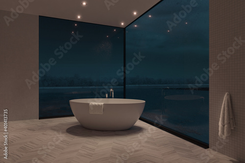 Quadro em tela 3d rendering of elegant bathroom with freestanding bathtub in front of frozen la