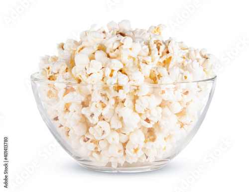 Close up transparent glass bowl of popcorn isolated on white background