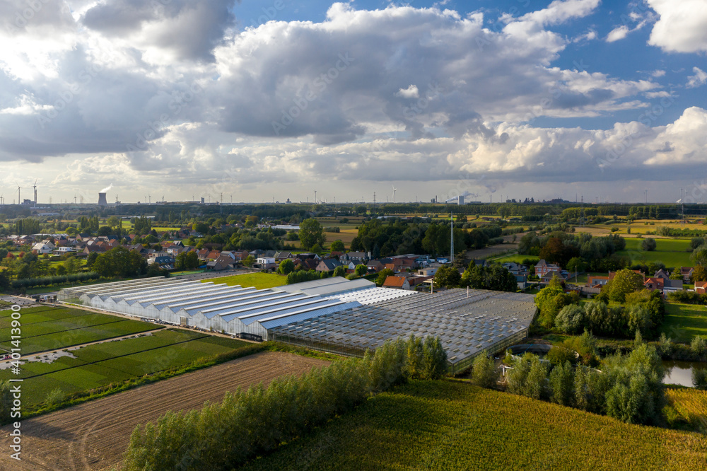 Greenhouses in Lochristi, Belgium; aerial view