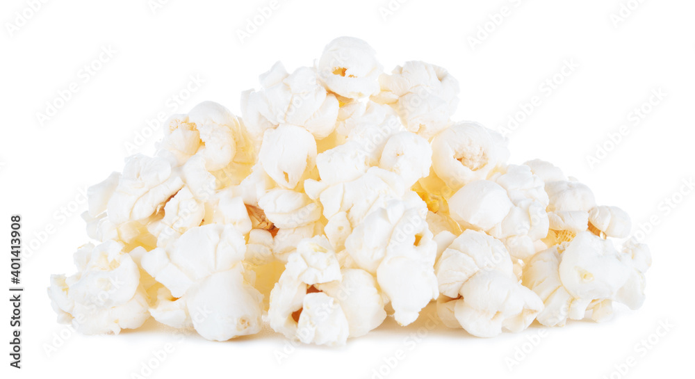 Tasty Popcorn snack closeup isolated on white background