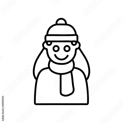 Girl in a beanie hat and scarf winter line icon