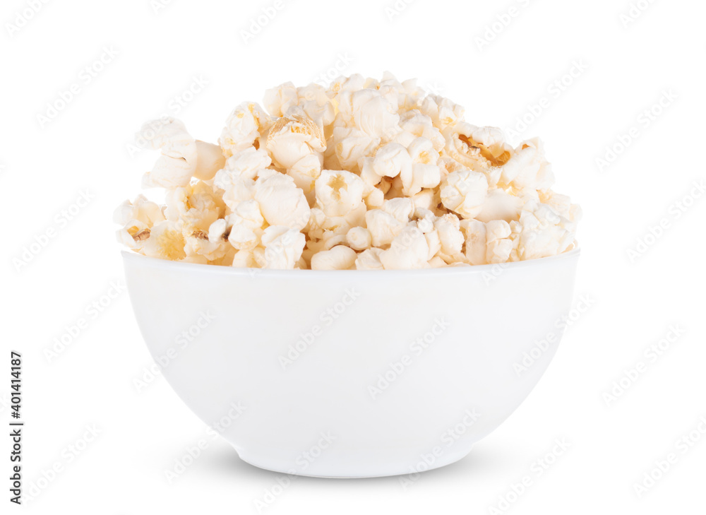 Close up of white bowl popcorn isolated on white background Close up of white bowl popcorn isolated on white background