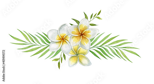 Watercolor illustration of a green leaves and flower. Hand made character. Leaf isolated on white background. Watercolor hand-drawn illustration. Tropical. 