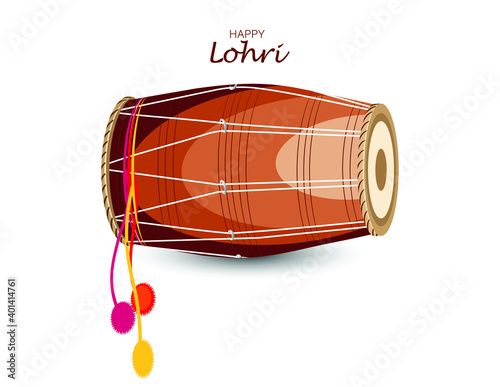 Vector Illustration for Happy Lohri. Indian traditional drum or dholak or dhol and dancing couple. Illustration Of Punjabi festival lohri celebration invitation template design. photo