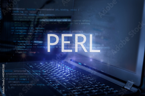 Perl inscription against laptop and code background. Learn perl programming language, computer courses, training. photo