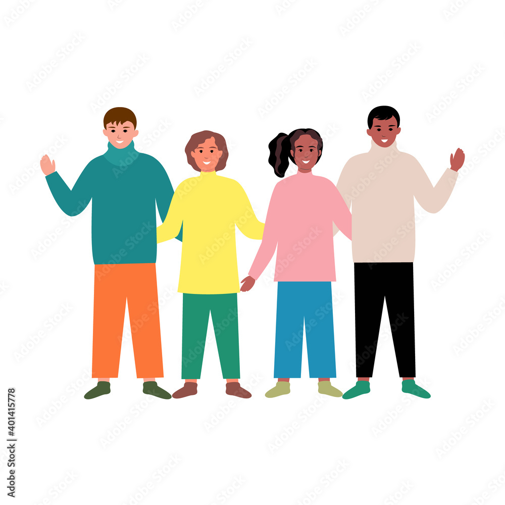 Fototapeta premium Baner with cartoon cute multiracial kids hugging on a white background. Vector in flat style. Happy hug day to the people of the world! The concept of love and goodwill. Children Protection Day. 
