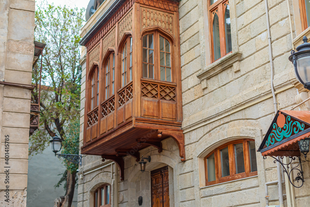 Fototapeta premium Photo of a brown balcony in the center