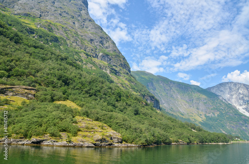 Amazing nature view with blue waters and tree covered rocks jutting out of water one of the most beautiful fjords in Norway, Sognefjord 