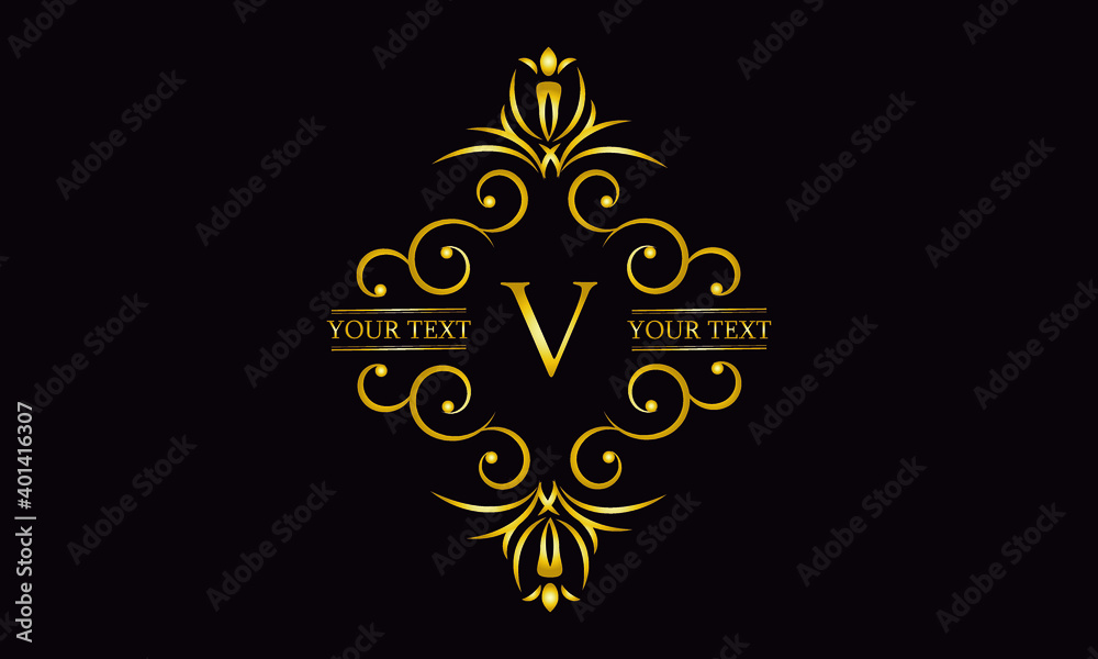 Premium monogram design with letter V. Exquisite gold logo on a dark background for a symbol of business, restaurant, boutique, hotel, jewelry, invitations, menus, labels, fashion.