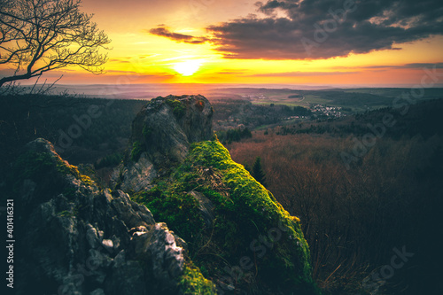 Beautiful landscape in the mountains, great views of nature. Sunset, forest trees, meadow bushes. Nice distant horizon and plantings. unique atmosphere with great clouds