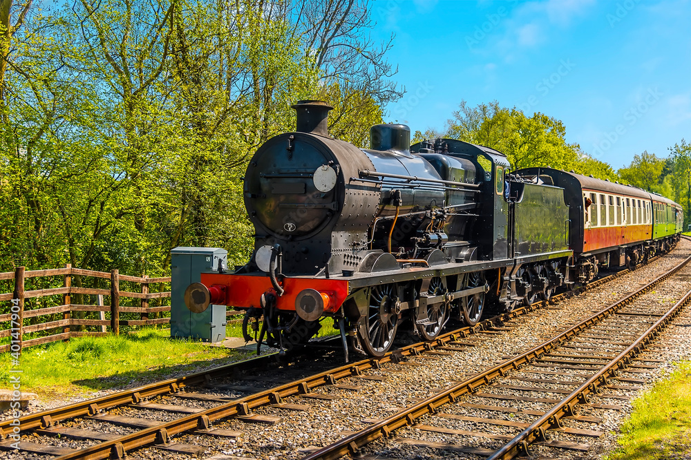Fototapeta premium A steam train on a railway line in Sussex, UK on a sunny summer day