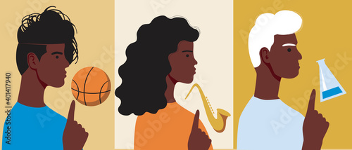 African people face isolated, flat vector stock illustration as concept of black history month, Afro people achievements in science, music, sports
