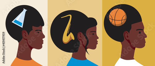 African people head isolated, flat vector stock illustration as concept of black history month, achievements of afro people with saxophone, basketball ball