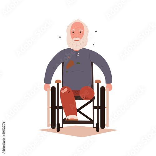 A homeless man in a wheelchair. An unemployed beggar in rags. Vector illustration of EPS10 in flat style.