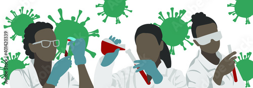 vector set of afroamerican scientists with flasks of blood and virus elements for your design
