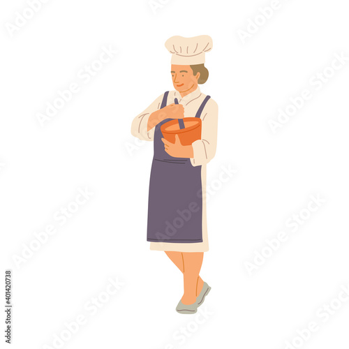 Woman cook or kitchen worker in white uniform flat vector illustration isolated.