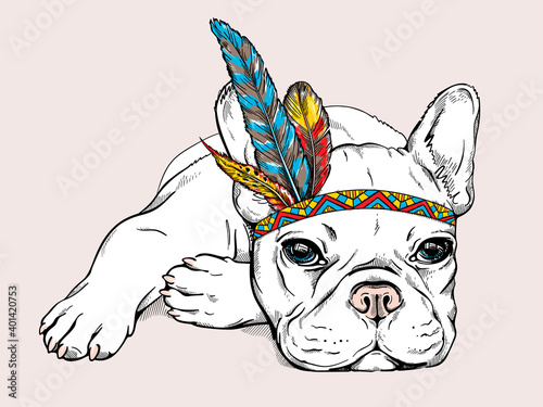 Cute cartoon french bulldog in indian headdress. Bright illustration in ethnic style. Stylish image for printing on any surface