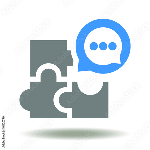 Three puzzle pieces are put together with speech bubble. Mediation symbol.